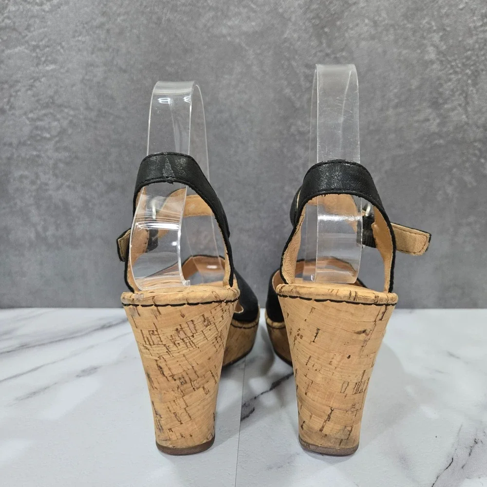 Born Womens 7 Black Leather Slingback Cork Wedge Sandals Comfort Shoes Platform